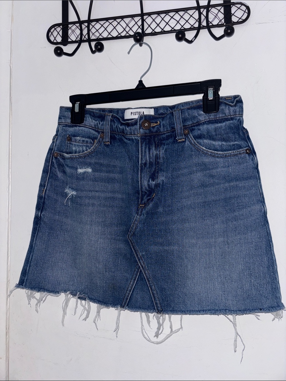 pistola distressed blue denim mini skirt with frayed hem